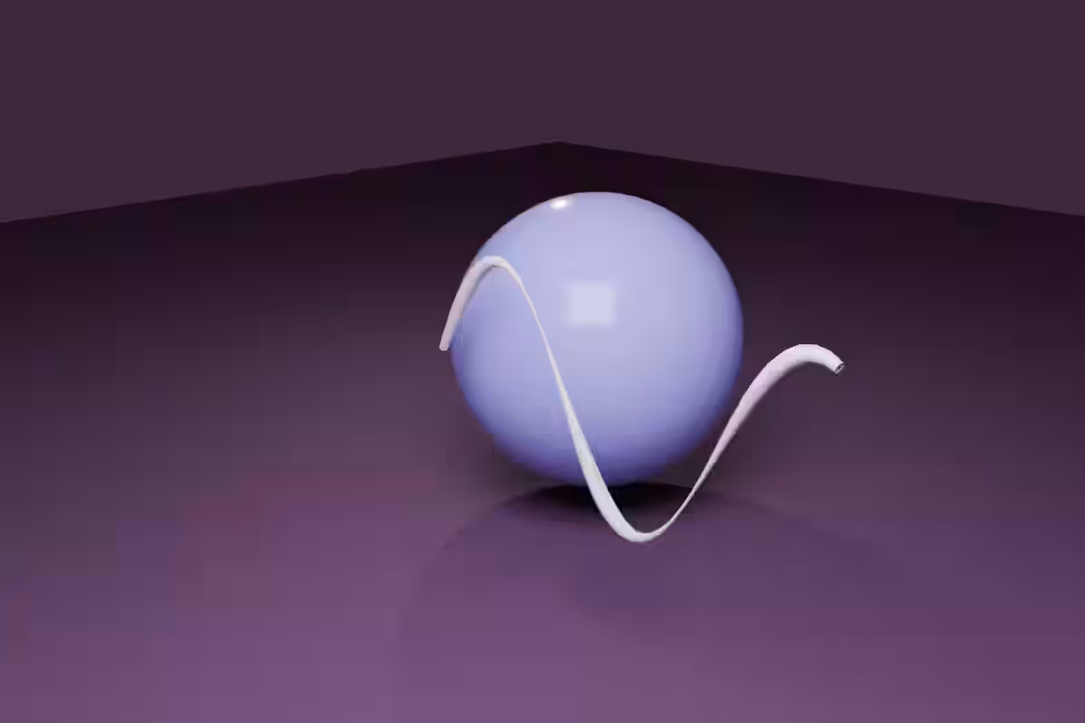 Ein echtes 3D-Objekt in Blender mit einer linienförmigen 2D-Kurve davor, die um es herum verläuft – beides in derselben headless über Blenders Python-API gerenderten Szene