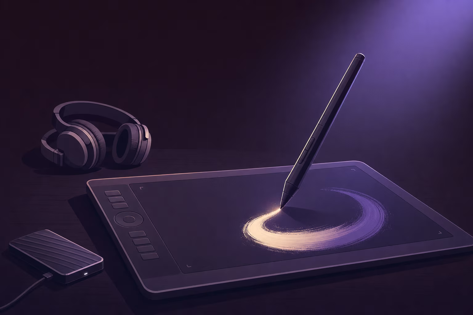 Ein Grafiktablett auf einem dunklen Schreibtisch, der Stift schräg angesetzt zieht einen leuchtenden Pinselstrich; daneben Kopfhörer und eine externe SSD