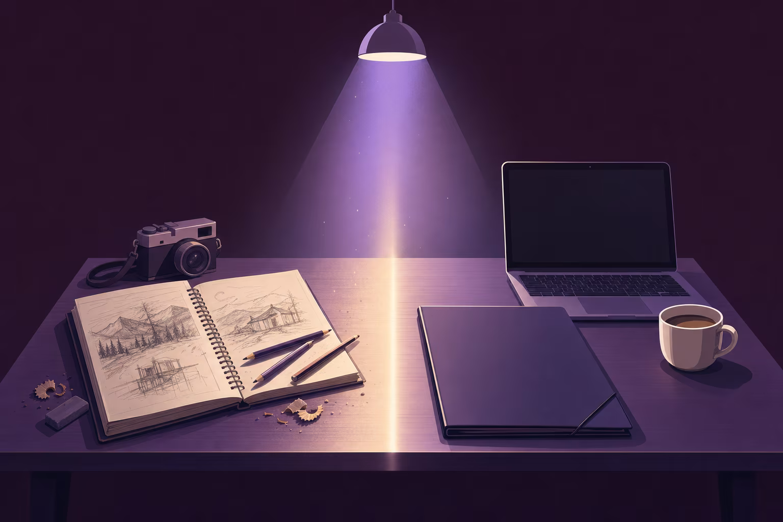 Ein Schreibtisch, von einem Lichtstreifen geteilt: links ein Skizzenbuch mit Stiften und eine Kamera, rechts eine geschlossene Mappe, ein Laptop und eine Tasse Kaffee