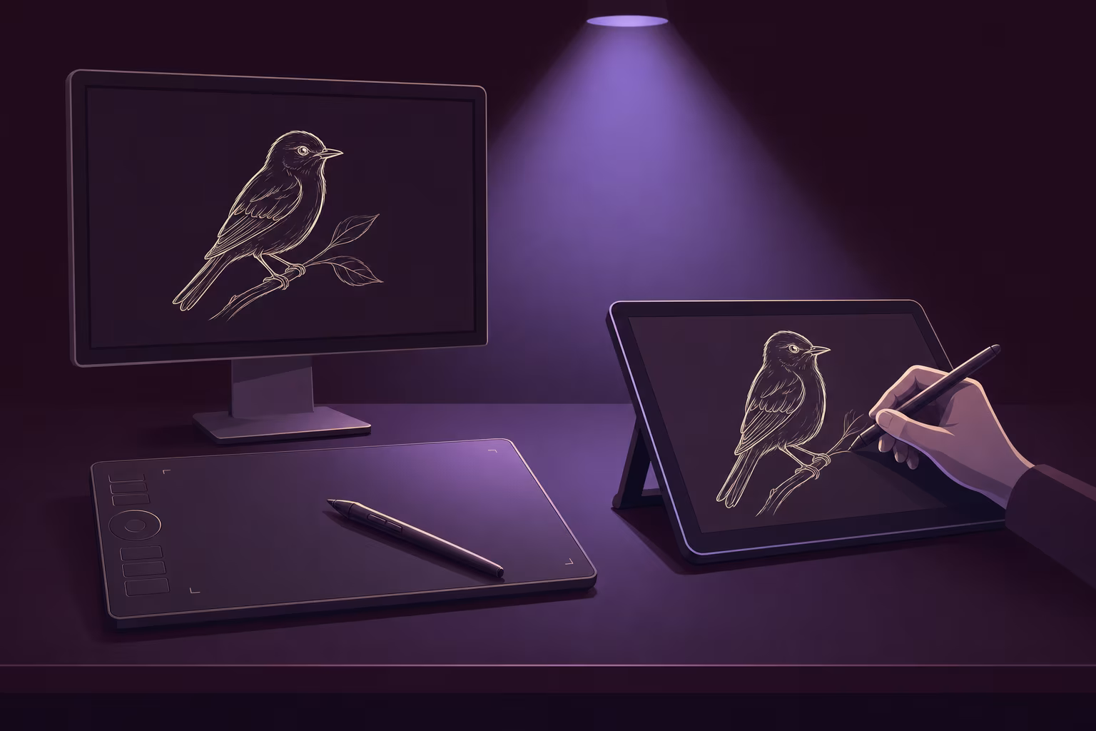 Links ein flaches Stifttablett ohne Bildschirm vor einem Monitor mit einer Vogelskizze, rechts ein aufgestelltes Stiftdisplay, auf dem eine Hand dieselbe Skizze direkt mit dem Stift zeichnet