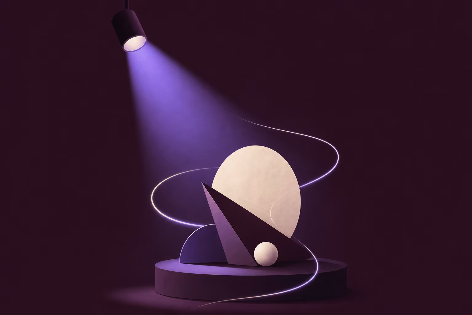 Abstrakte KI-generierte Illustration mit Galerie-Spotlight, geometrischen Formen und Lichtspuren in Violett und Aubergine